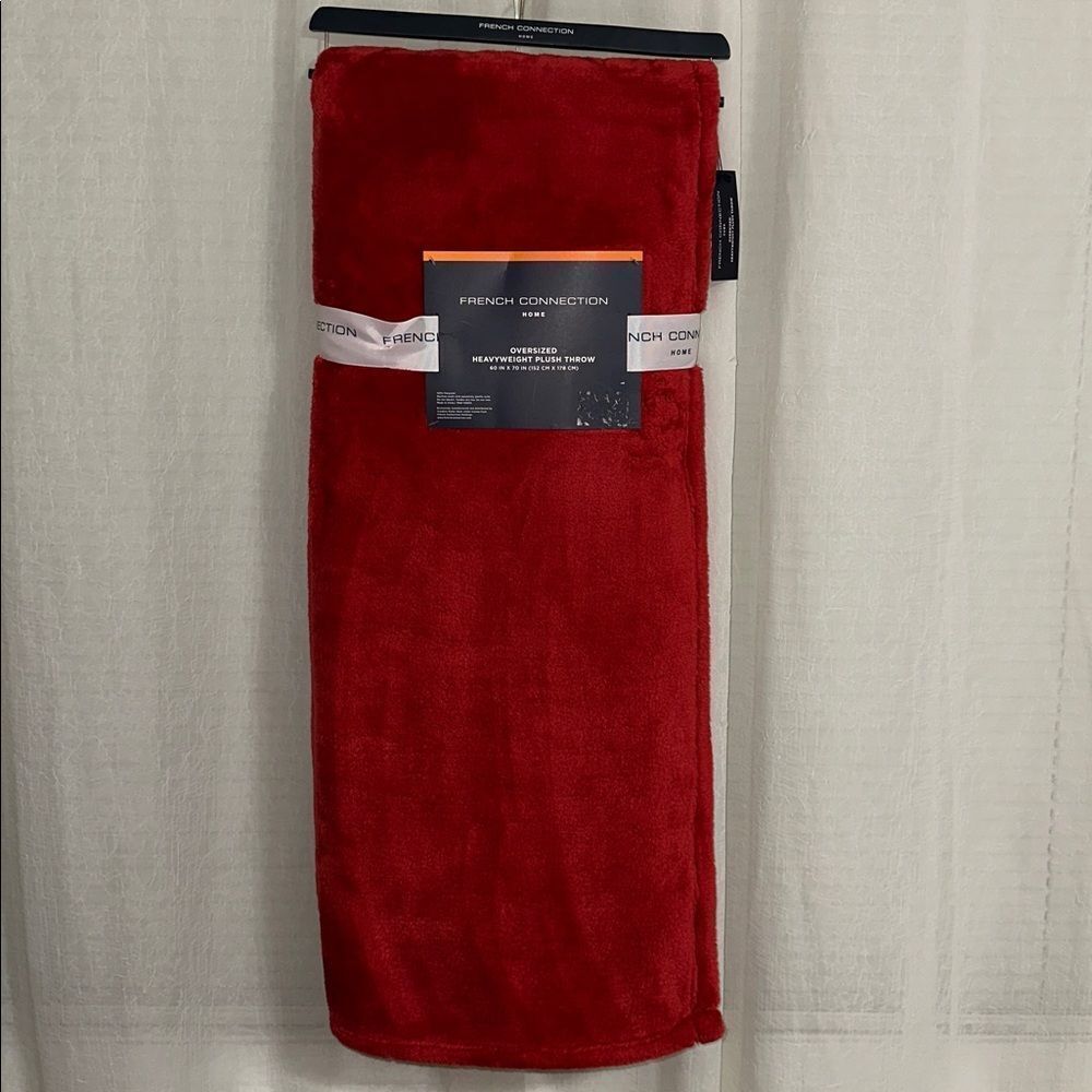 French Connection Fiery Red Plush Blanket Throw with a Hanger